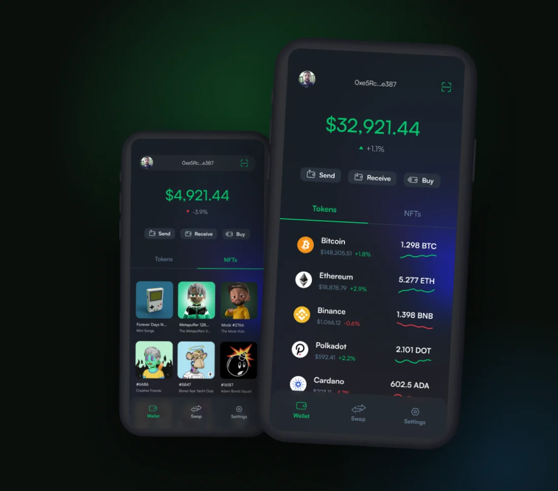 Crypto wallet designs on two phones: token portfolio and NFT gallery