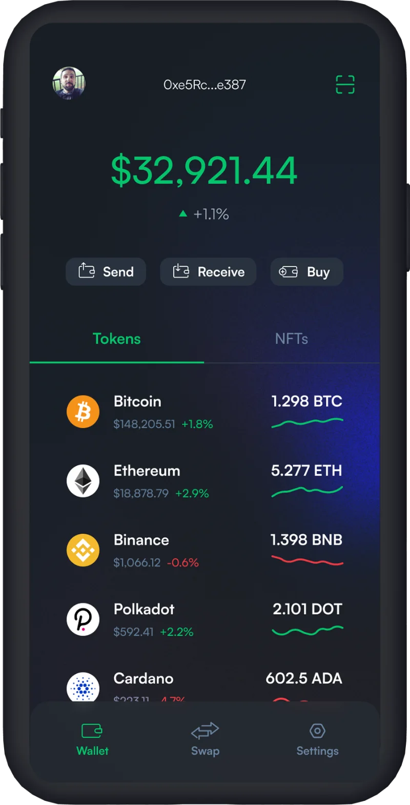 wallet portfolio with total balance, send, receive and buy, and a token list