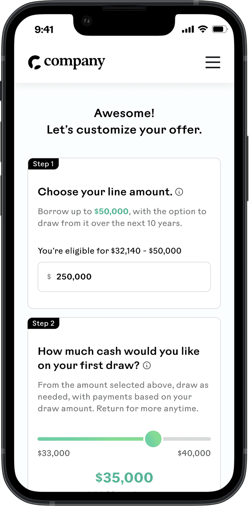 HELOC offer on a phone: choosing the line amount and first draw