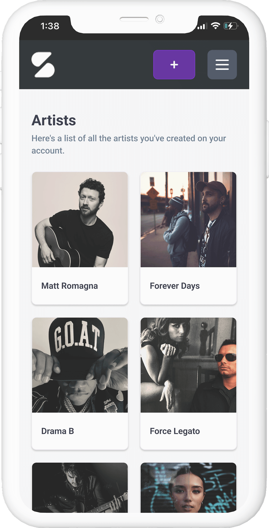 Spare Music artist roster on a phone